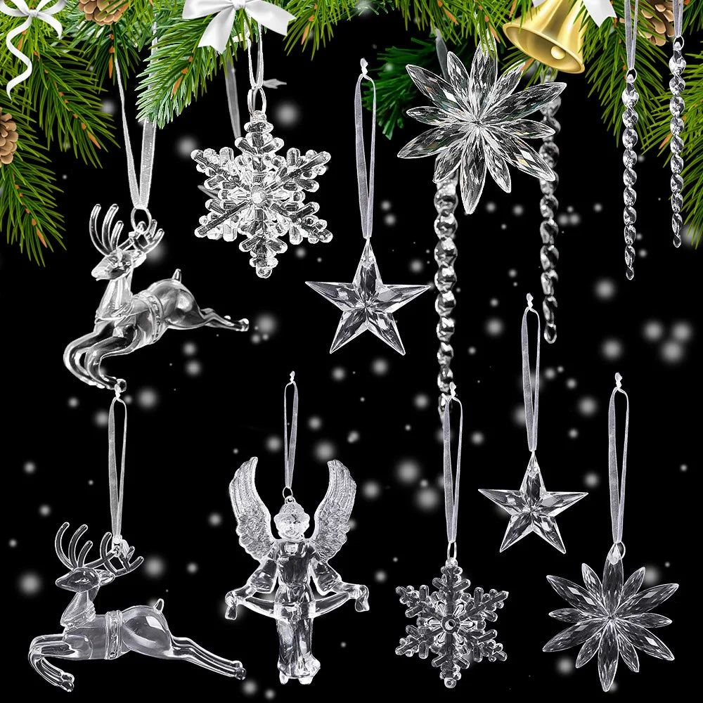 24/2PCS Crystal Clear Christmas Ornaments Acrylic Snowflake Icicles Pendants Winter Party Holiday Xmas Tree Hanging Decorations