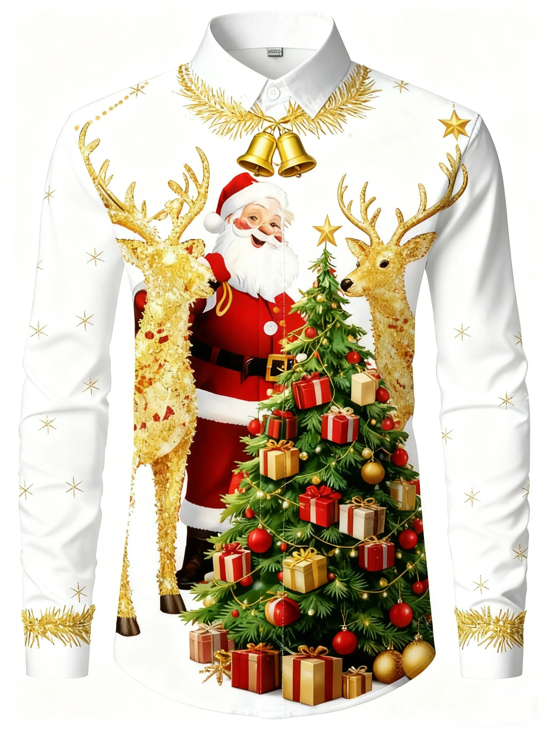 Men's long-sleeved shirt with Christmas Santa Claus, reindeer, and bell print, suitable for everyday wear and family gatherings.