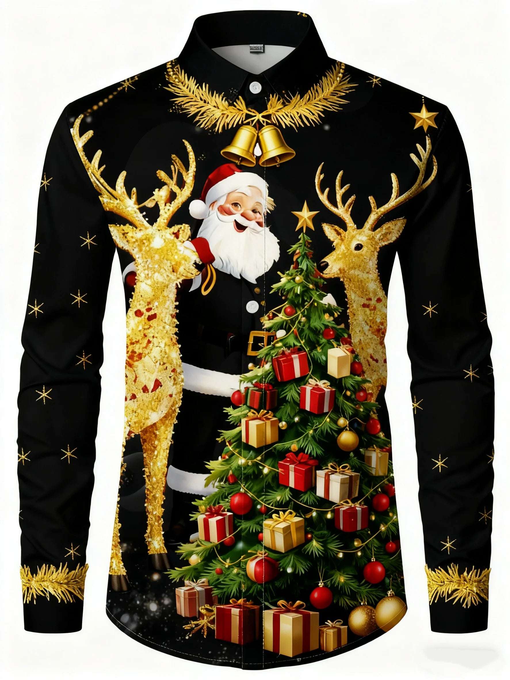 Men's long-sleeved shirt with Christmas Santa Claus, reindeer, and bell print, suitable for everyday wear and family gatherings.