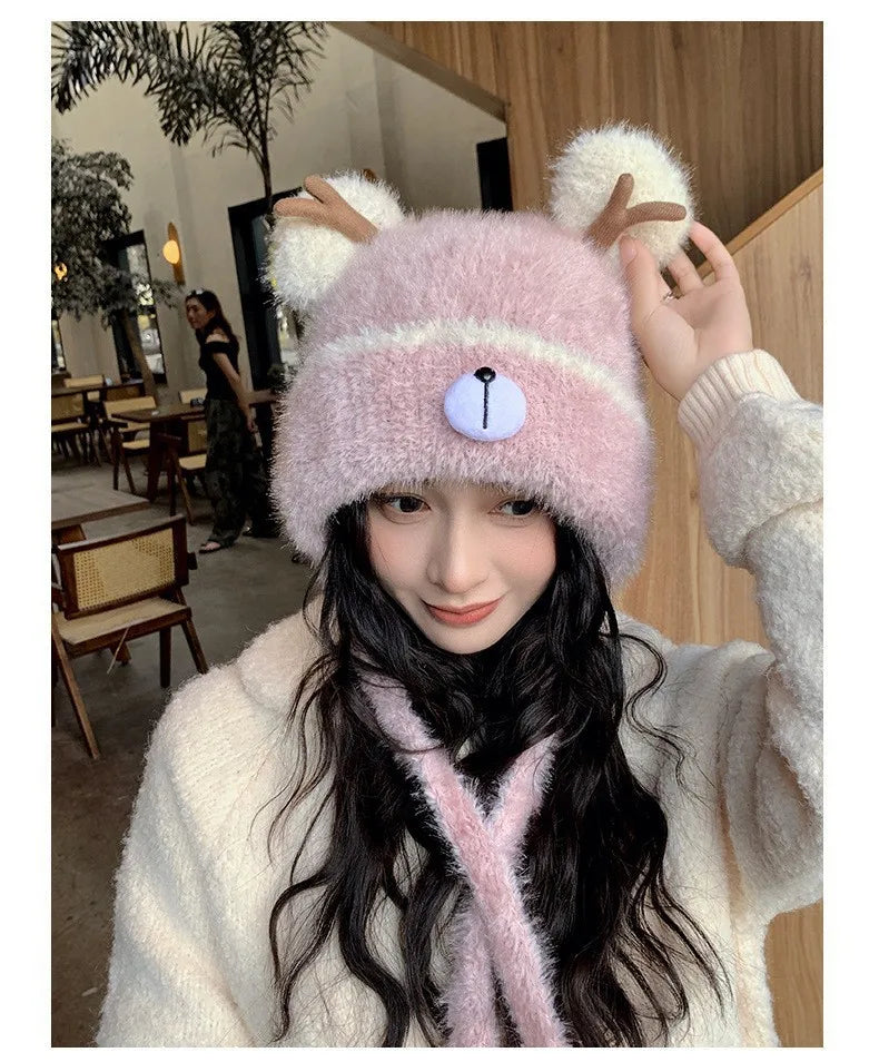 Women's Fluffy Knit Hat with Deer Antlers Christmas Style Cute Warm Fleece Beanie Korean Fashion Winter Cap
