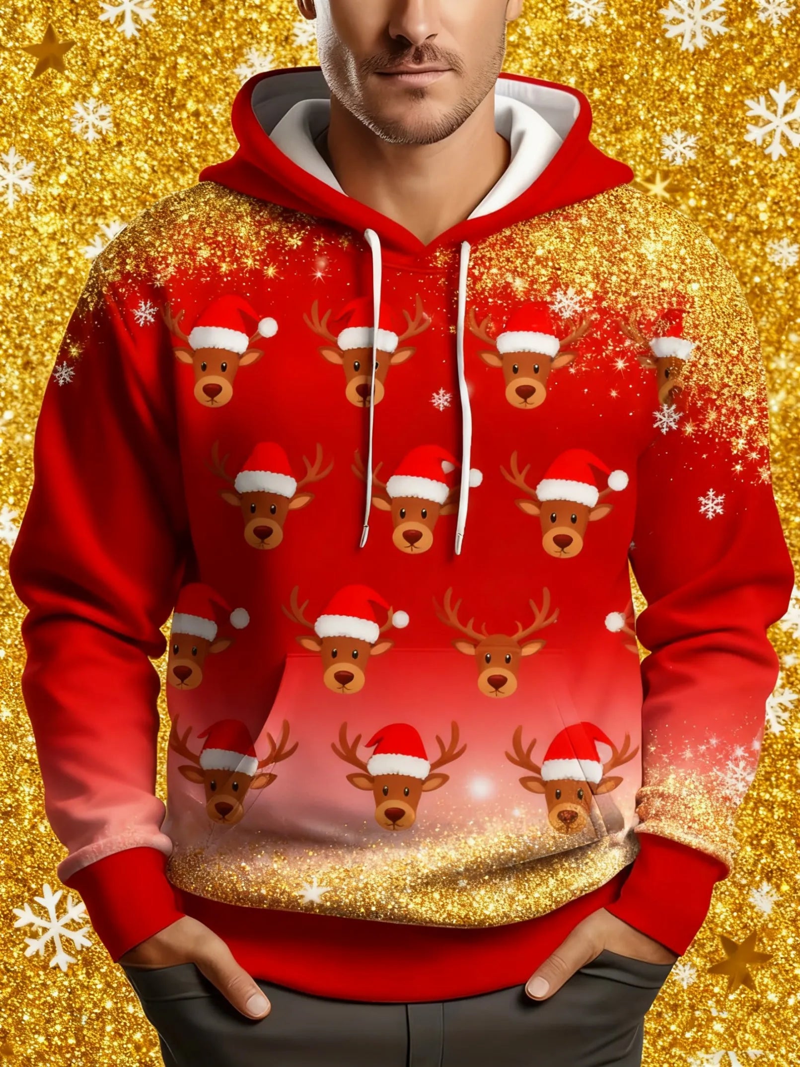 Men's Christmas 3D Hoodie with Santa Claus and Christmas Tree Gold Print, Suitable for Christmas Party Design, Sports Sweatshirt