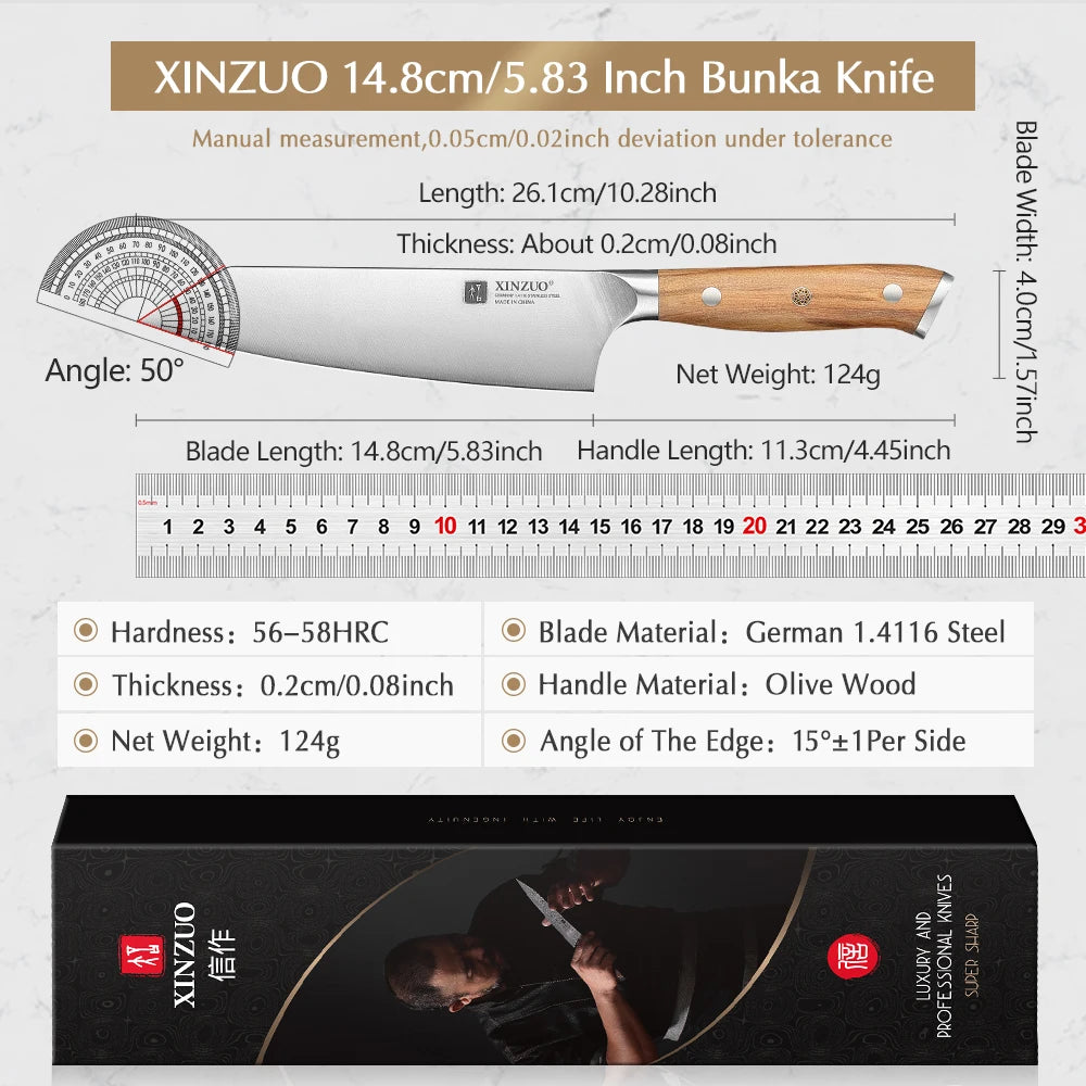 XINZUO 5.8 Inches Bunka Knife German 1.4116 Steel Kitchen-specific Chef's Knife Ergonomic Well Balanced Handle Premium Gift Box