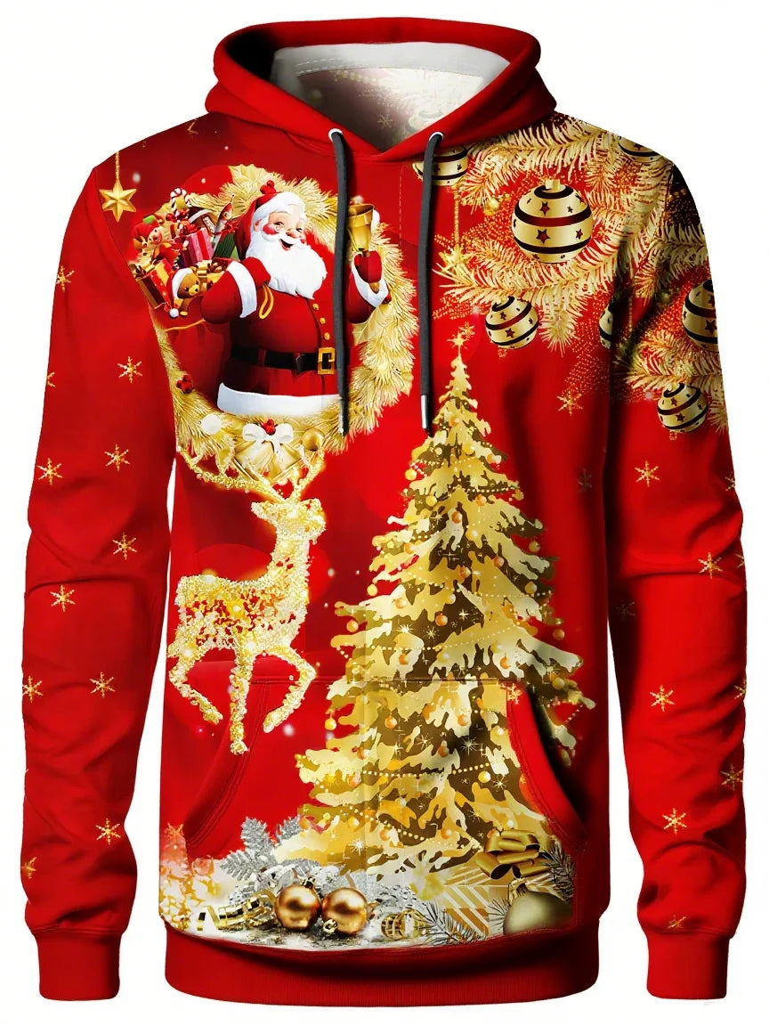 Men's Christmas 3D Hoodie with Santa Claus and Christmas Tree Gold Print, Suitable for Christmas Party Design, Sports Sweatshirt