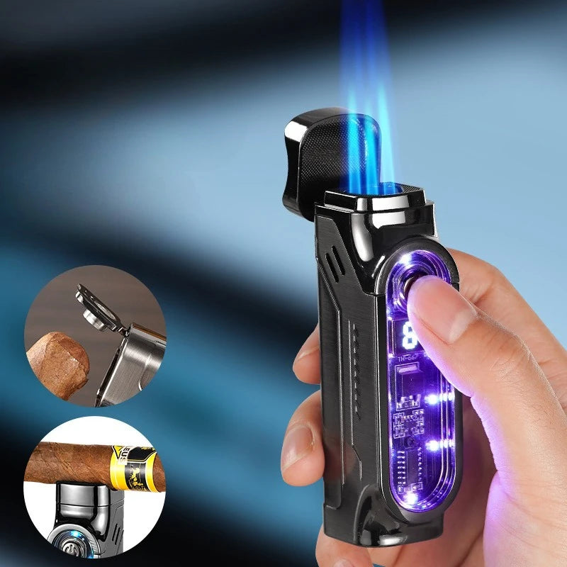 Smart 3 Flame Gas Cigar Lighter, Digital Display, with Cigar Drill, LED Light, Portable Multi-functional Ignition Lighter