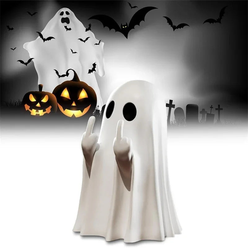 Cute Ghost Resin Statue Middle Finger Figurine Spooky Halloween Decor For Shelf Mantel Coffee Table Display Home Party Ornament