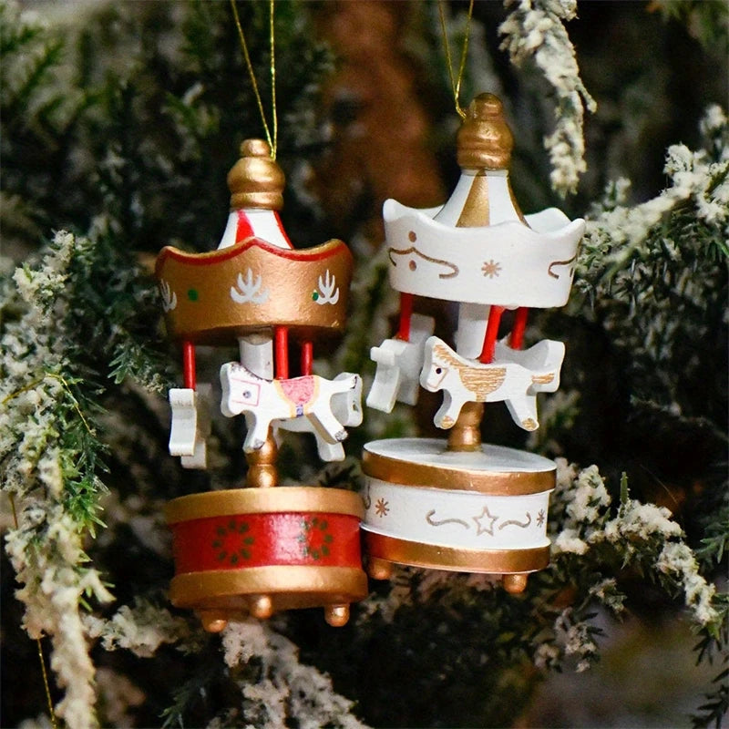 6Pcs Wooden Carousel Horse Hanging Ornaments For Christmas Tree Decor Merry Go Round Pendants Home Party Festival Decoration