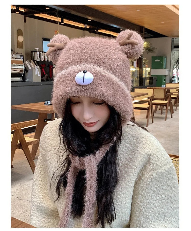 Women's Fluffy Knit Hat with Deer Antlers Christmas Style Cute Warm Fleece Beanie Korean Fashion Winter Cap