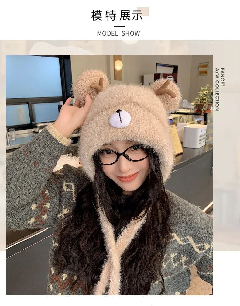 Women's Fluffy Knit Hat with Deer Antlers Christmas Style Cute Warm Fleece Beanie Korean Fashion Winter Cap