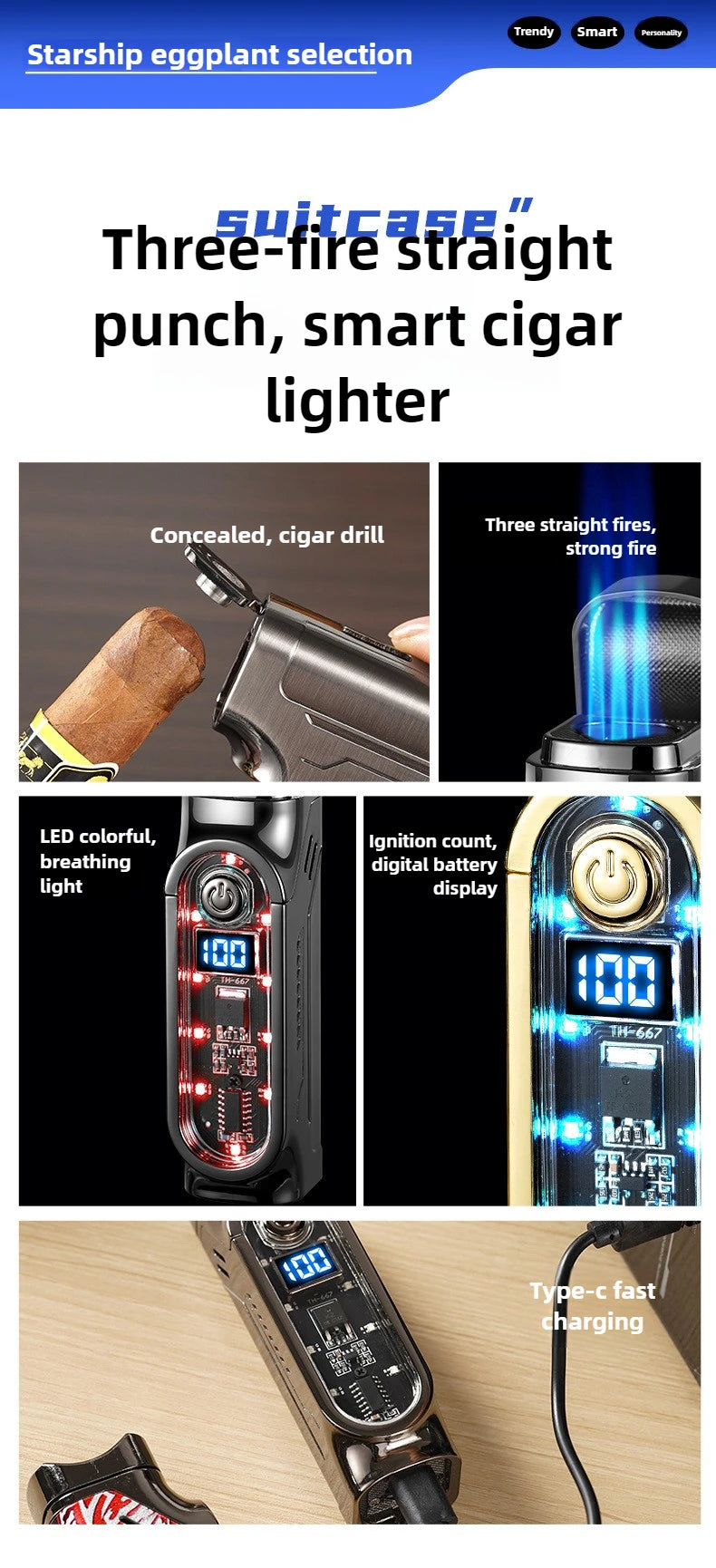 Smart 3 Flame Gas Cigar Lighter, Digital Display, with Cigar Drill, LED Light, Portable Multi-functional Ignition Lighter