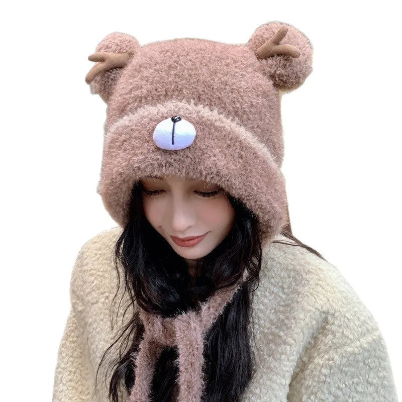 Women's Fluffy Knit Hat with Deer Antlers Christmas Style Cute Warm Fleece Beanie Korean Fashion Winter Cap