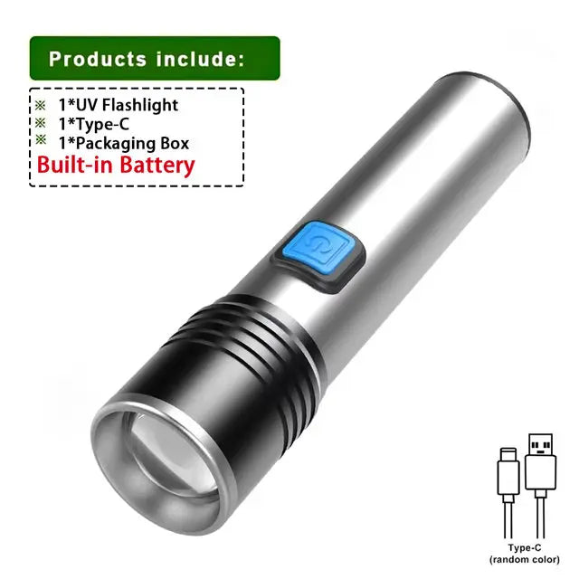 UV Flashlight  High Power Black Mirror Purple Light Detection Torch Powerful 395NM Type-C USB Rechargeable LED Ultraviolet Lamp