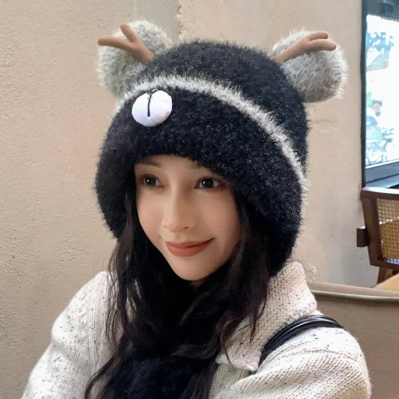 Women's Fluffy Knit Hat with Deer Antlers Christmas Style Cute Warm Fleece Beanie Korean Fashion Winter Cap