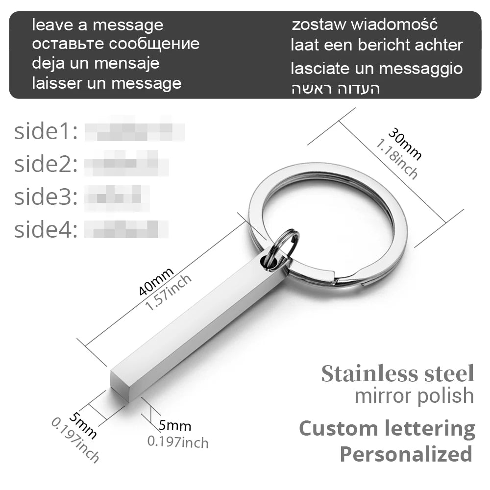 3D Bar Stainless Steel Personalize Keychains Engrave Text Name Date Logo Keyrings Customized Key Chain Rings Christmas Gift P039