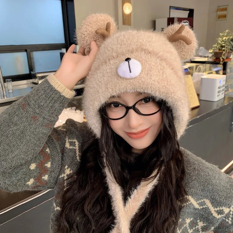 Women's Fluffy Knit Hat with Deer Antlers Christmas Style Cute Warm Fleece Beanie Korean Fashion Winter Cap