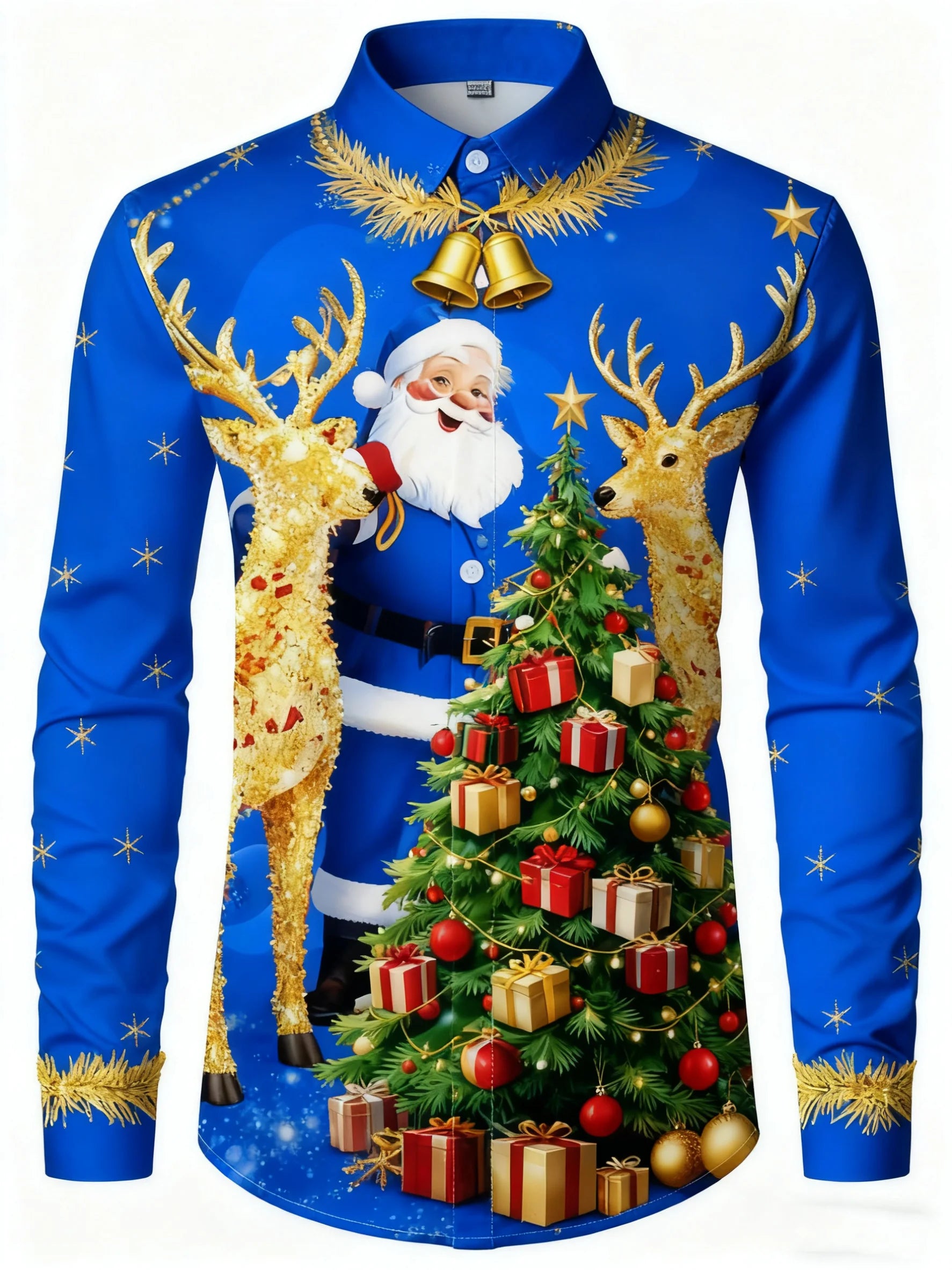 Men's long-sleeved shirt with Christmas Santa Claus, reindeer, and bell print, suitable for everyday wear and family gatherings.