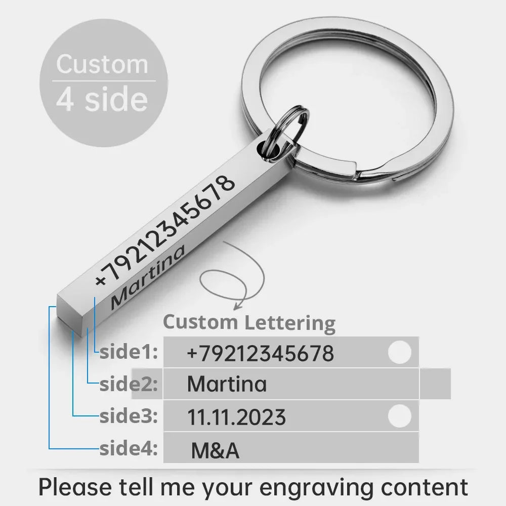 3D Bar Stainless Steel Personalize Keychains Engrave Text Name Date Logo Keyrings Customized Key Chain Rings Christmas Gift P039