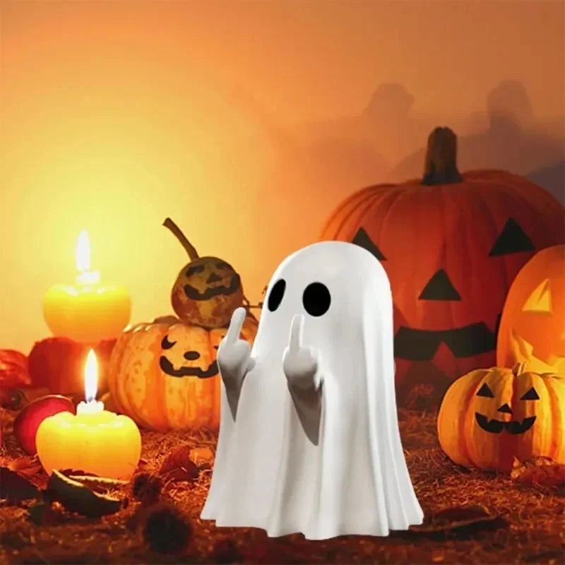 Cute Ghost Resin Statue Middle Finger Figurine Spooky Halloween Decor For Shelf Mantel Coffee Table Display Home Party Ornament