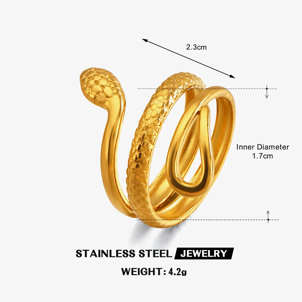 Gothic Snake Shape Adjustable Open Rings for Women Gold Plated Stainless Steel Waterproof Metal Stacking JEWELRY Gift