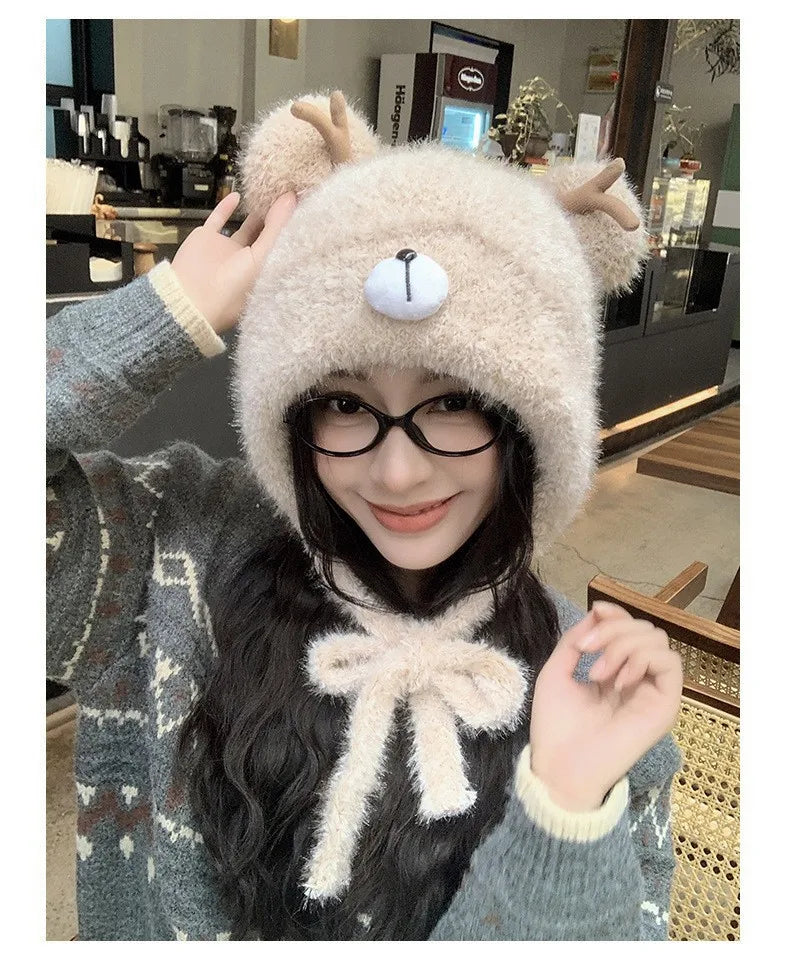 Women's Fluffy Knit Hat with Deer Antlers Christmas Style Cute Warm Fleece Beanie Korean Fashion Winter Cap