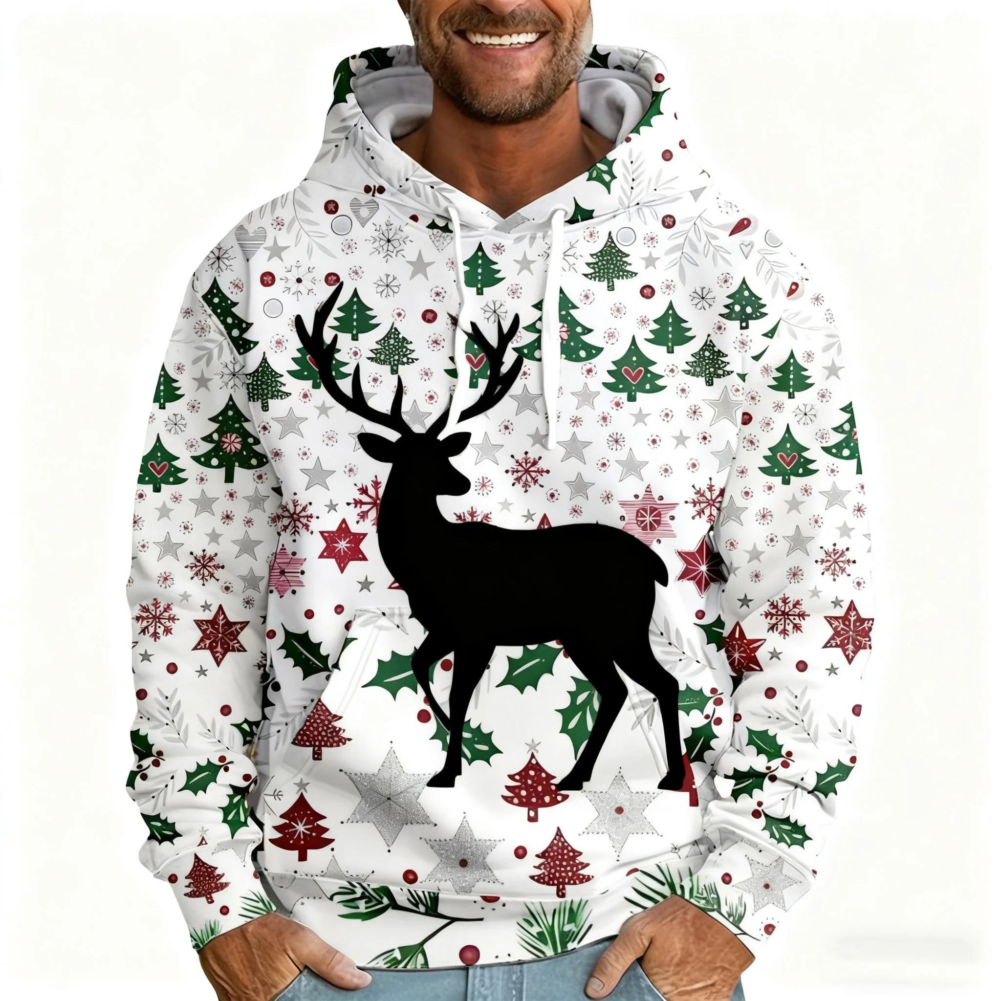 Men's Christmas 3D Hoodie with Santa Claus and Christmas Tree Gold Print, Suitable for Christmas Party Design, Sports Sweatshirt