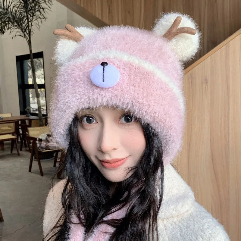 Women's Fluffy Knit Hat with Deer Antlers Christmas Style Cute Warm Fleece Beanie Korean Fashion Winter Cap