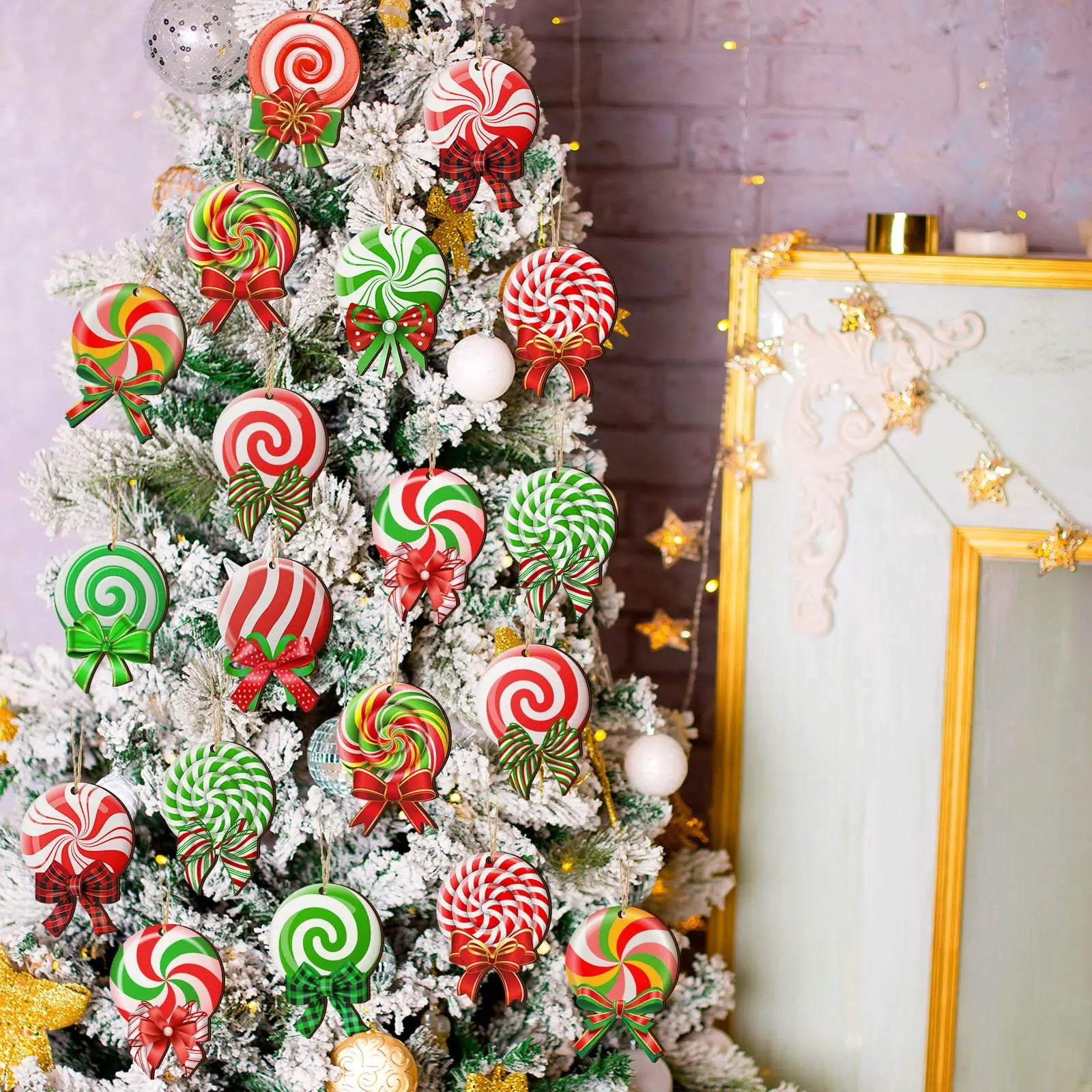 24 Pieces Peppermint Christmas Tree Ornaments Colorful Peppermint Wood Ornaments Lollipop Candy Christmas Ornaments