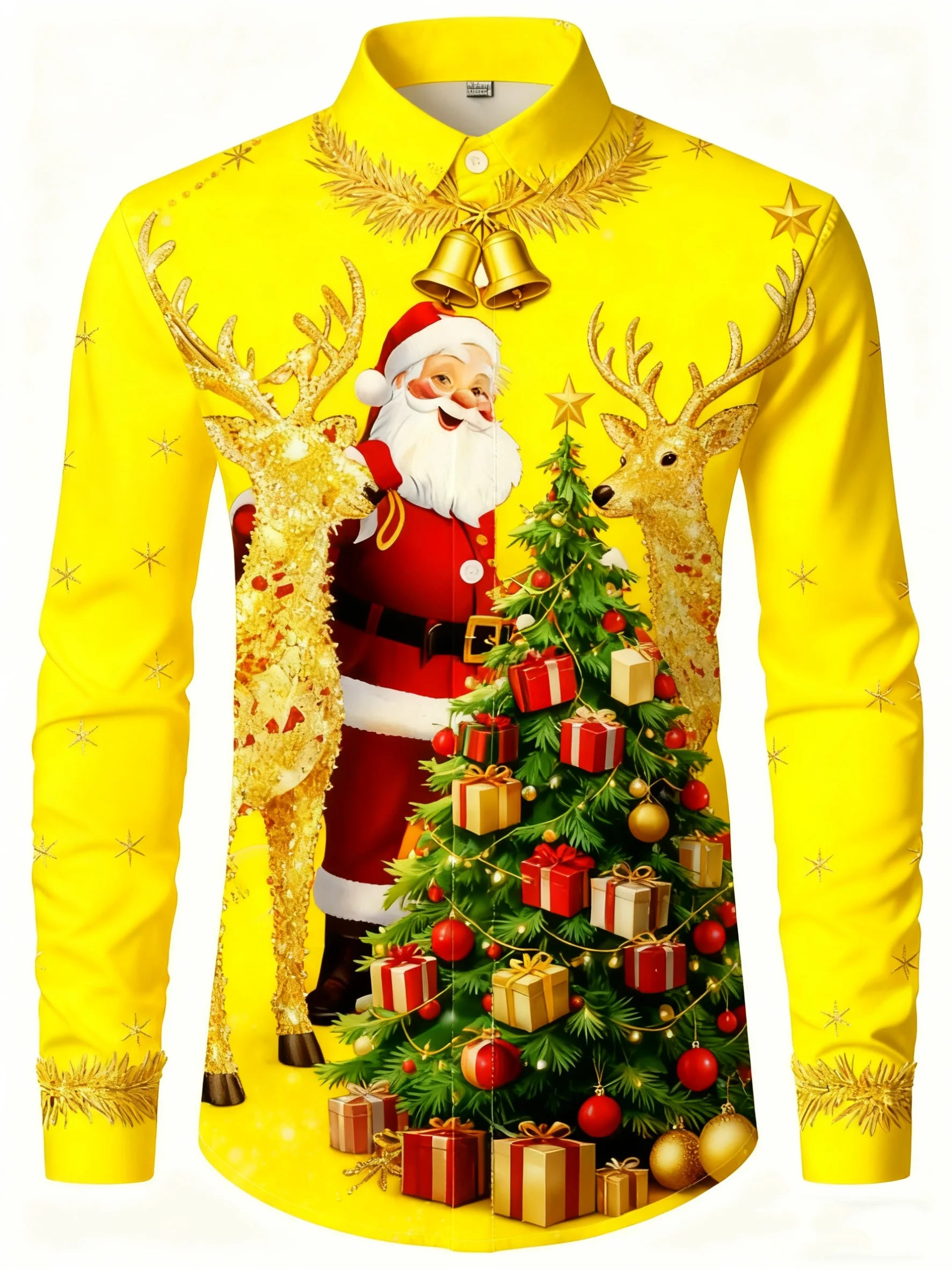 Men's long-sleeved shirt with Christmas Santa Claus, reindeer, and bell print, suitable for everyday wear and family gatherings.