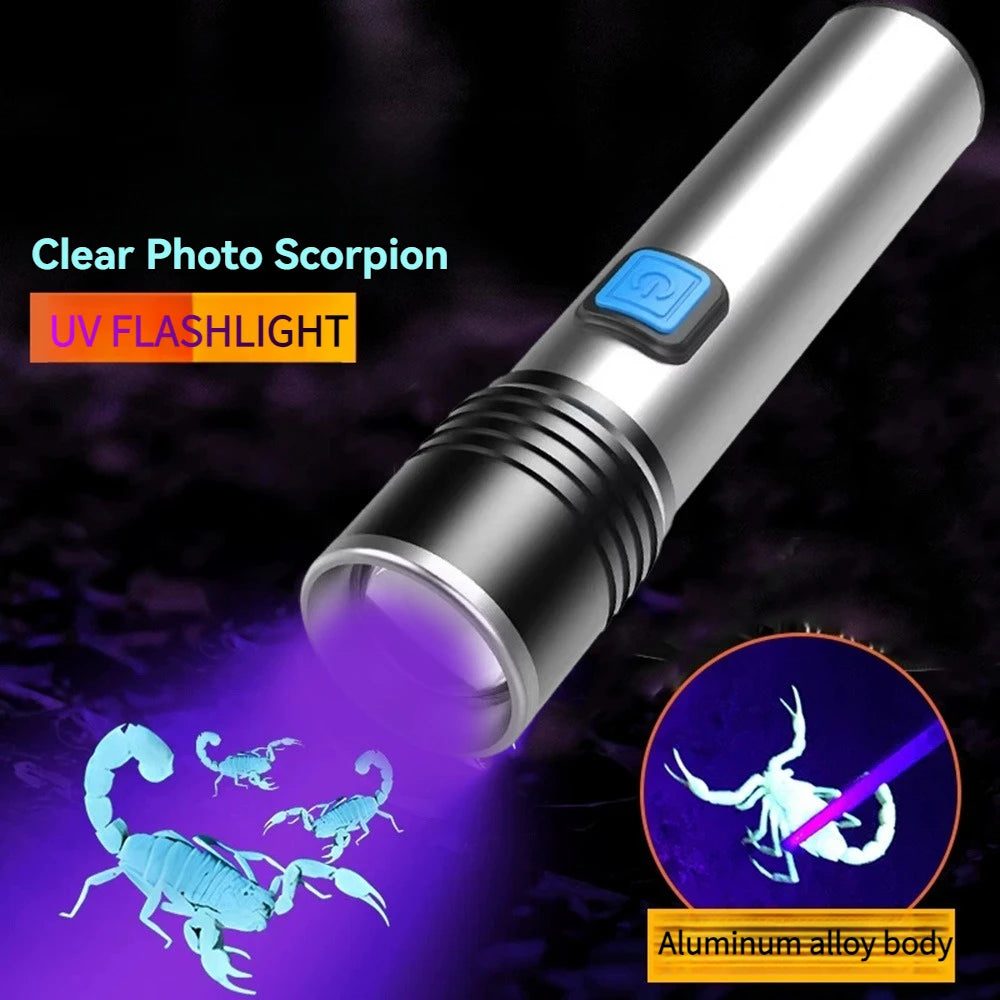 UV Flashlight  High Power Black Mirror Purple Light Detection Torch Powerful 395NM Type-C USB Rechargeable LED Ultraviolet Lamp