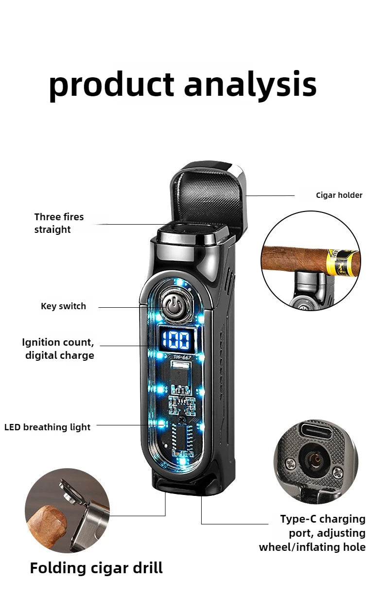 Smart 3 Flame Gas Cigar Lighter, Digital Display, with Cigar Drill, LED Light, Portable Multi-functional Ignition Lighter