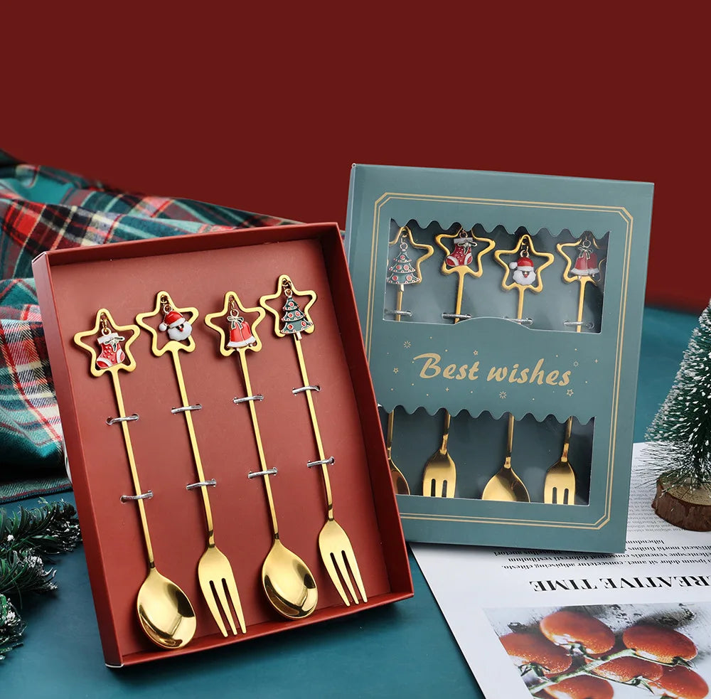 Christmas Decorations Home Christmas Table Decor Stainless SpoonsFork Cutlery Set Elk Xmas Tree New Year 2026 Navidad 2025 Gifts