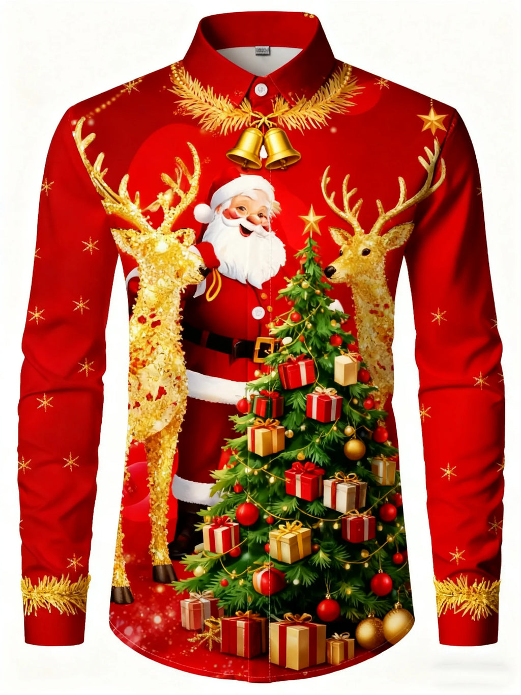 Men's long-sleeved shirt with Christmas Santa Claus, reindeer, and bell print, suitable for everyday wear and family gatherings.