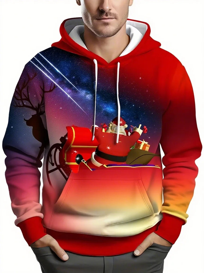 Men's Christmas 3D Hoodie with Santa Claus and Christmas Tree Gold Print, Suitable for Christmas Party Design, Sports Sweatshirt