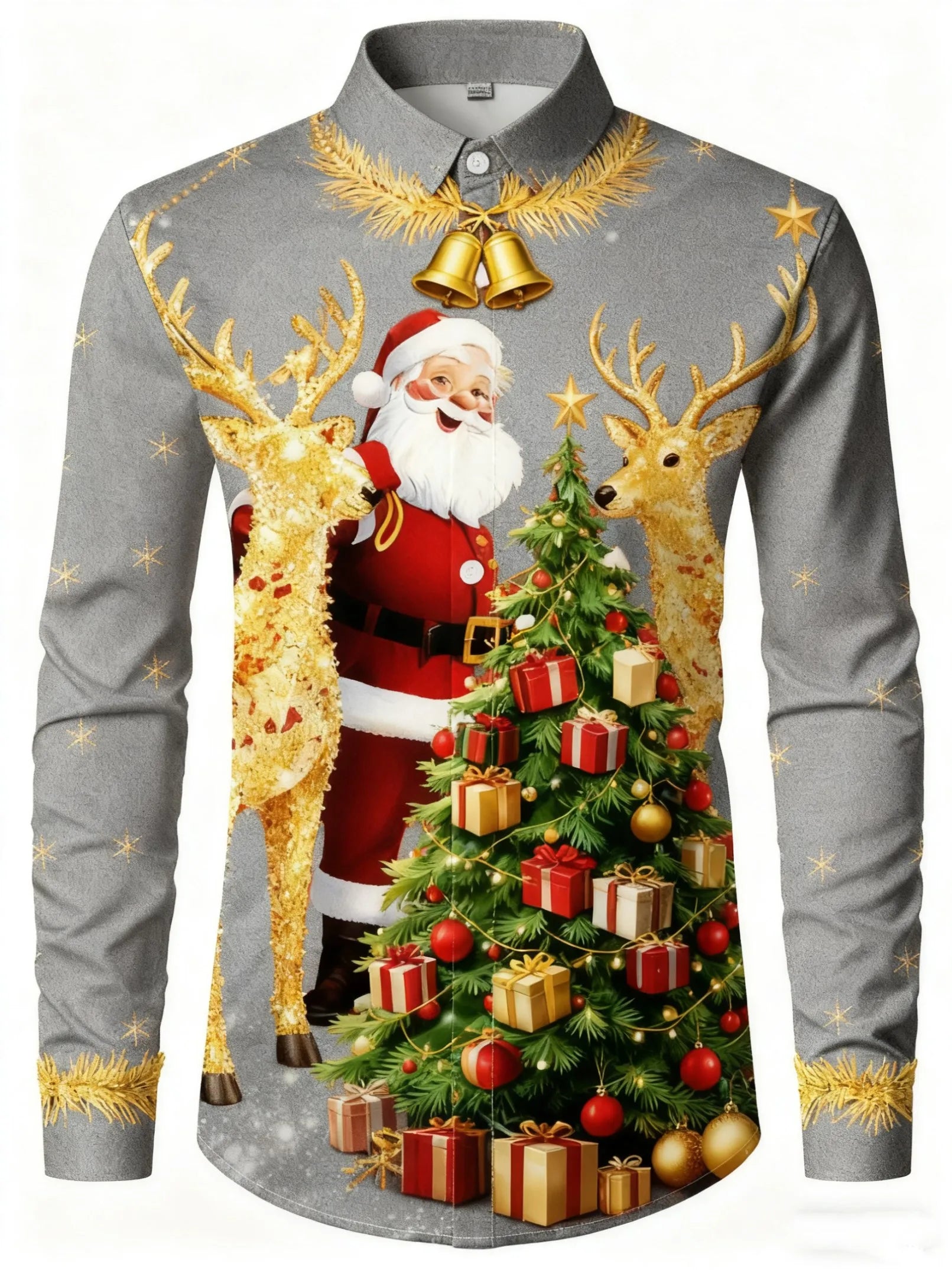 Men's long-sleeved shirt with Christmas Santa Claus, reindeer, and bell print, suitable for everyday wear and family gatherings.