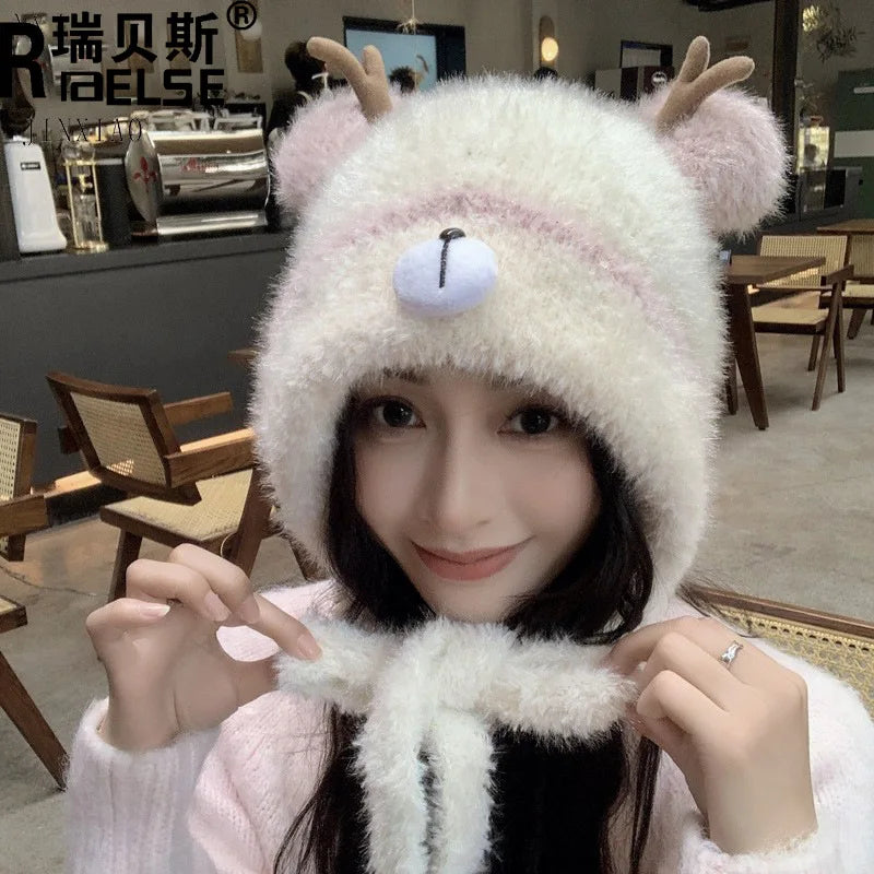 Women's Fluffy Knit Hat with Deer Antlers Christmas Style Cute Warm Fleece Beanie Korean Fashion Winter Cap