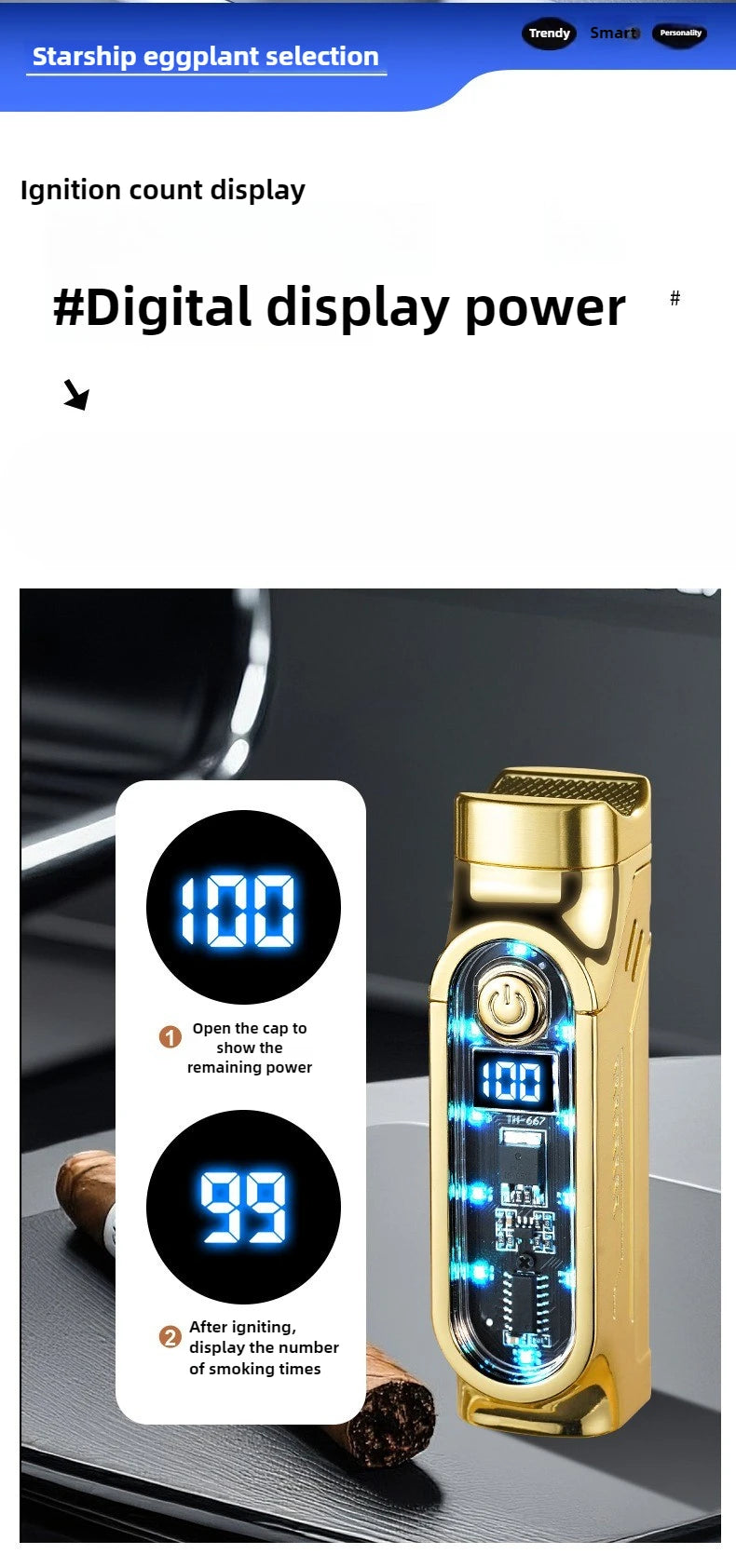 Smart 3 Flame Gas Cigar Lighter, Digital Display, with Cigar Drill, LED Light, Portable Multi-functional Ignition Lighter