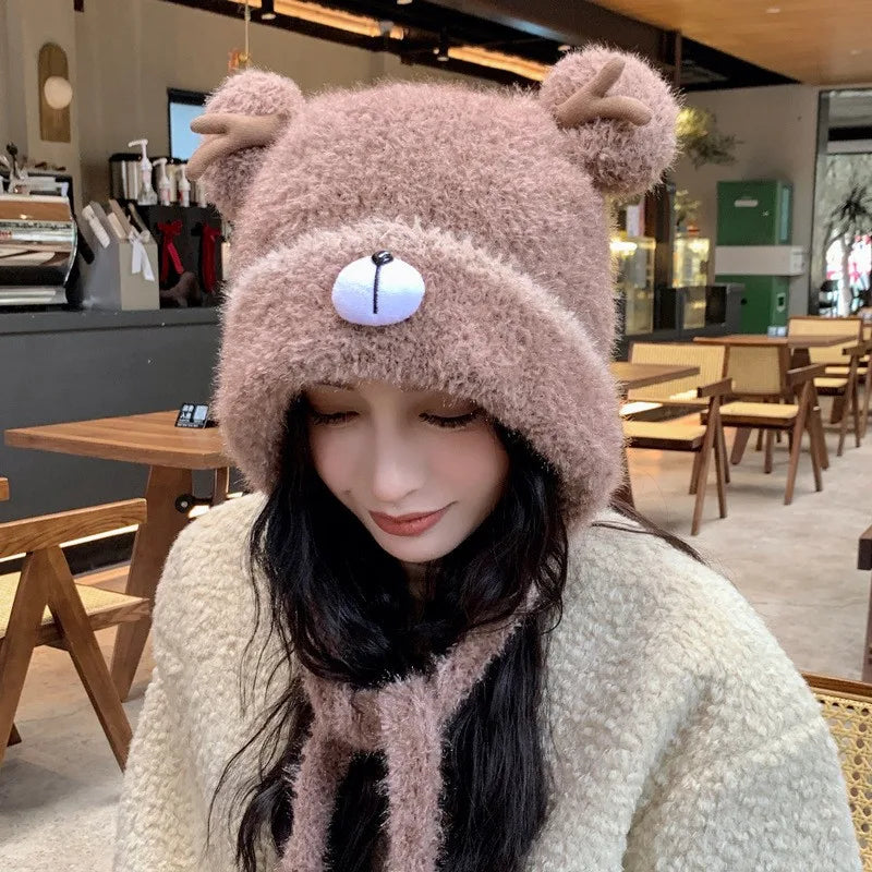 Women's Fluffy Knit Hat with Deer Antlers Christmas Style Cute Warm Fleece Beanie Korean Fashion Winter Cap