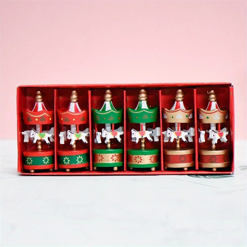 6Pcs Wooden Carousel Horse Hanging Ornaments For Christmas Tree Decor Merry Go Round Pendants Home Party Festival Decoration