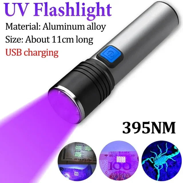 UV Flashlight  High Power Black Mirror Purple Light Detection Torch Powerful 395NM Type-C USB Rechargeable LED Ultraviolet Lamp