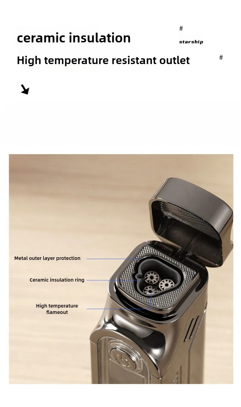 Smart 3 Flame Gas Cigar Lighter, Digital Display, with Cigar Drill, LED Light, Portable Multi-functional Ignition Lighter
