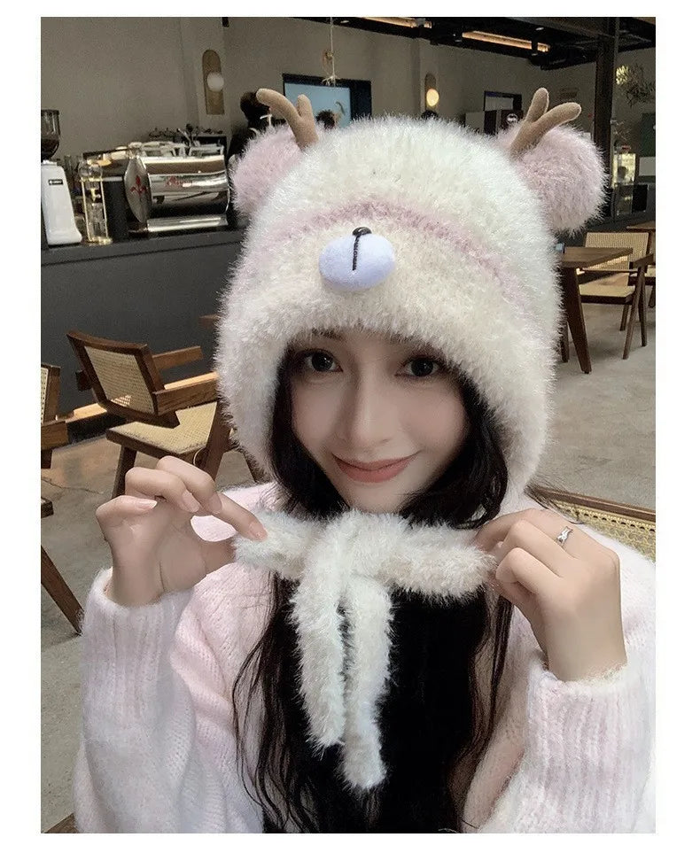 Women's Fluffy Knit Hat with Deer Antlers Christmas Style Cute Warm Fleece Beanie Korean Fashion Winter Cap