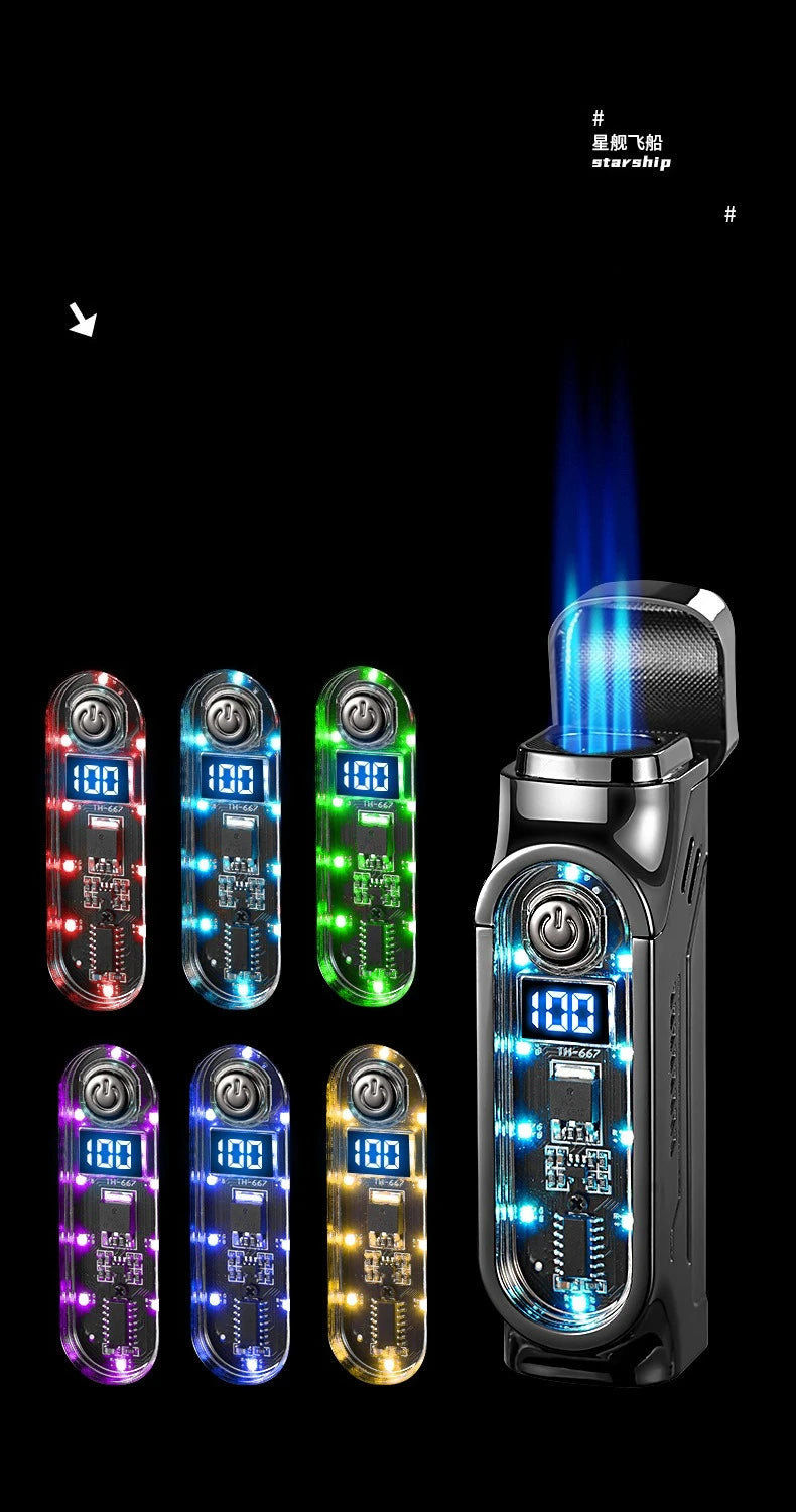Smart 3 Flame Gas Cigar Lighter, Digital Display, with Cigar Drill, LED Light, Portable Multi-functional Ignition Lighter