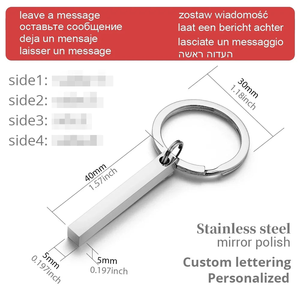 3D Bar Stainless Steel Personalize Keychains Engrave Text Name Date Logo Keyrings Customized Key Chain Rings Christmas Gift P039