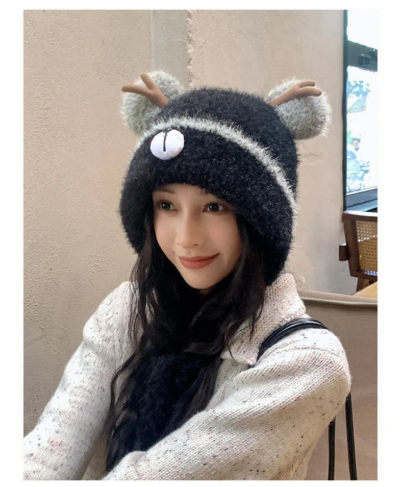 Women's Fluffy Knit Hat with Deer Antlers Christmas Style Cute Warm Fleece Beanie Korean Fashion Winter Cap