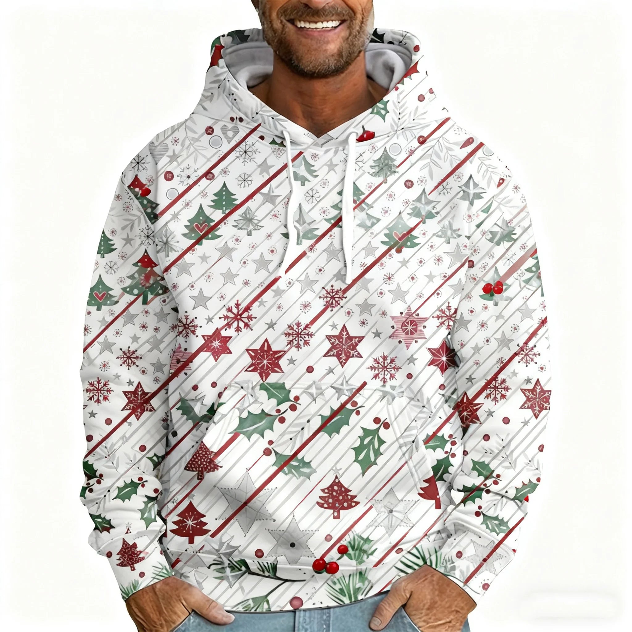 Men's Christmas 3D Hoodie with Santa Claus and Christmas Tree Gold Print, Suitable for Christmas Party Design, Sports Sweatshirt