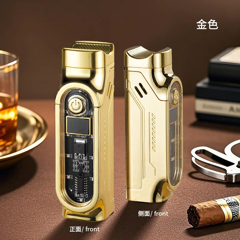 Smart 3 Flame Gas Cigar Lighter, Digital Display, with Cigar Drill, LED Light, Portable Multi-functional Ignition Lighter