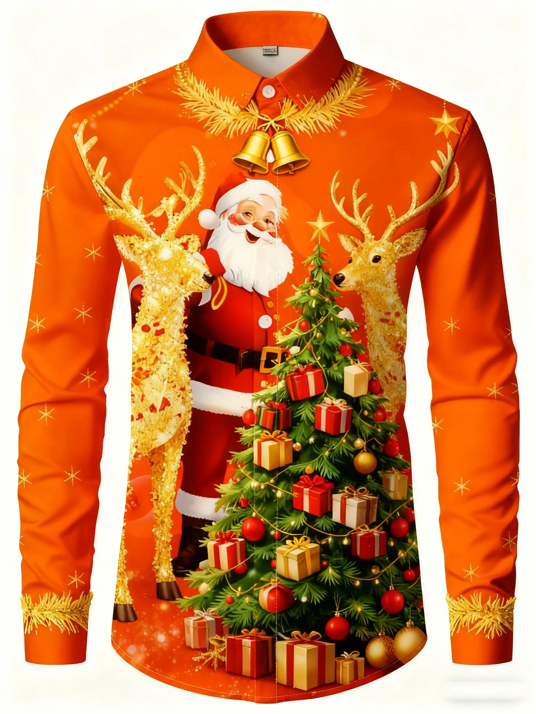 Men's long-sleeved shirt with Christmas Santa Claus, reindeer, and bell print, suitable for everyday wear and family gatherings.
