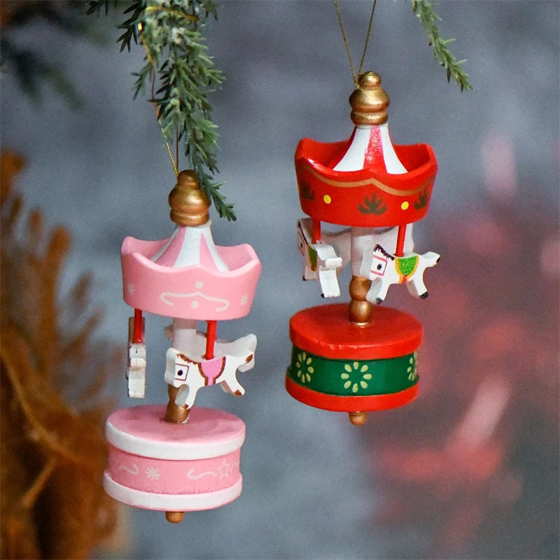 6Pcs Wooden Carousel Horse Hanging Ornaments For Christmas Tree Decor Merry Go Round Pendants Home Party Festival Decoration