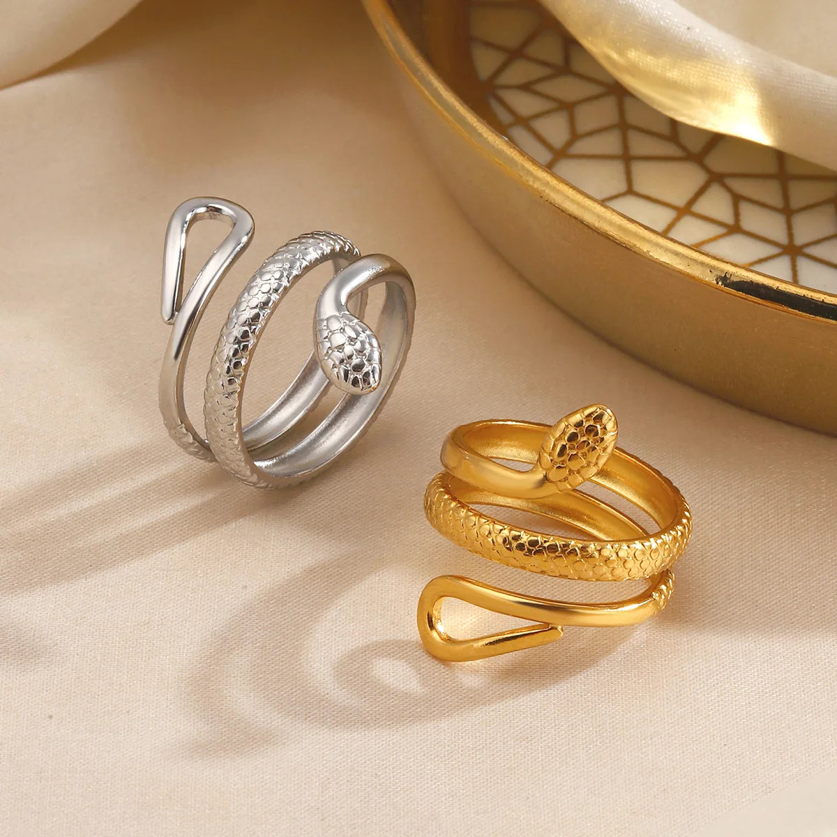 Gothic Snake Shape Adjustable Open Rings for Women Gold Plated Stainless Steel Waterproof Metal Stacking JEWELRY Gift