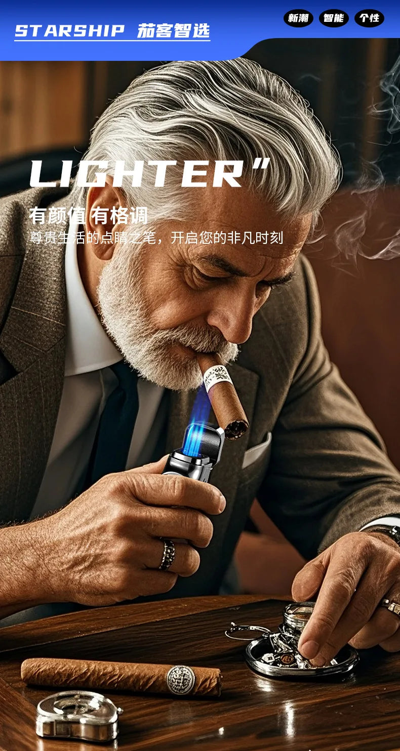 Smart 3 Flame Gas Cigar Lighter, Digital Display, with Cigar Drill, LED Light, Portable Multi-functional Ignition Lighter