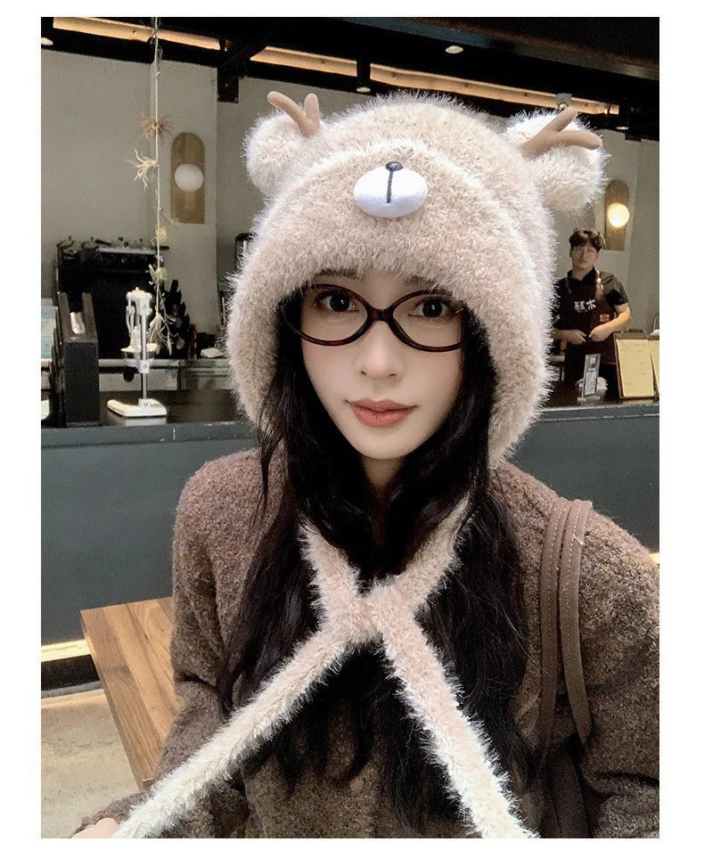 Women's Fluffy Knit Hat with Deer Antlers Christmas Style Cute Warm Fleece Beanie Korean Fashion Winter Cap